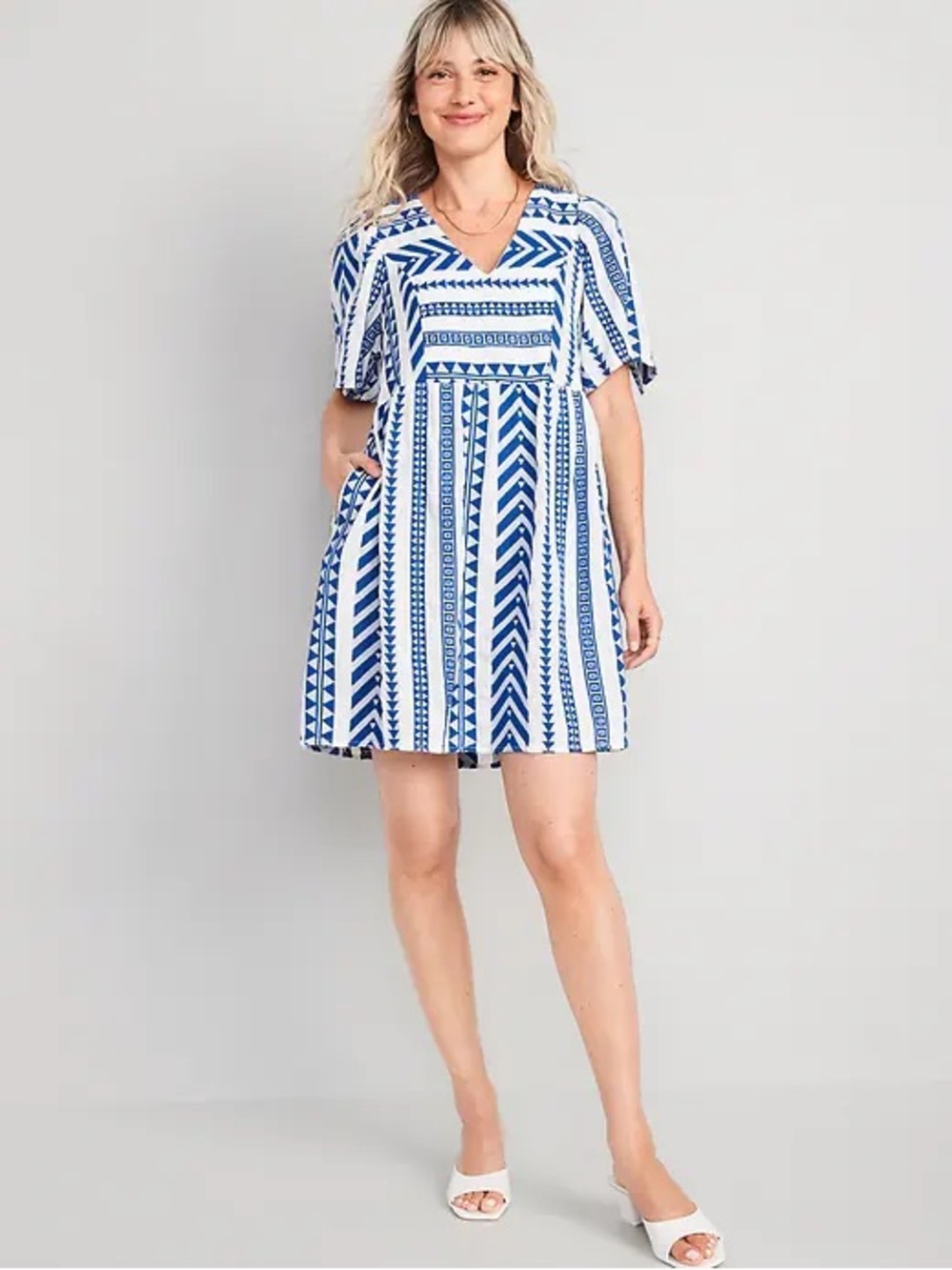 Old Navy blue and white V-neck mini swing dress. Color
Tanzanite. Size medium.